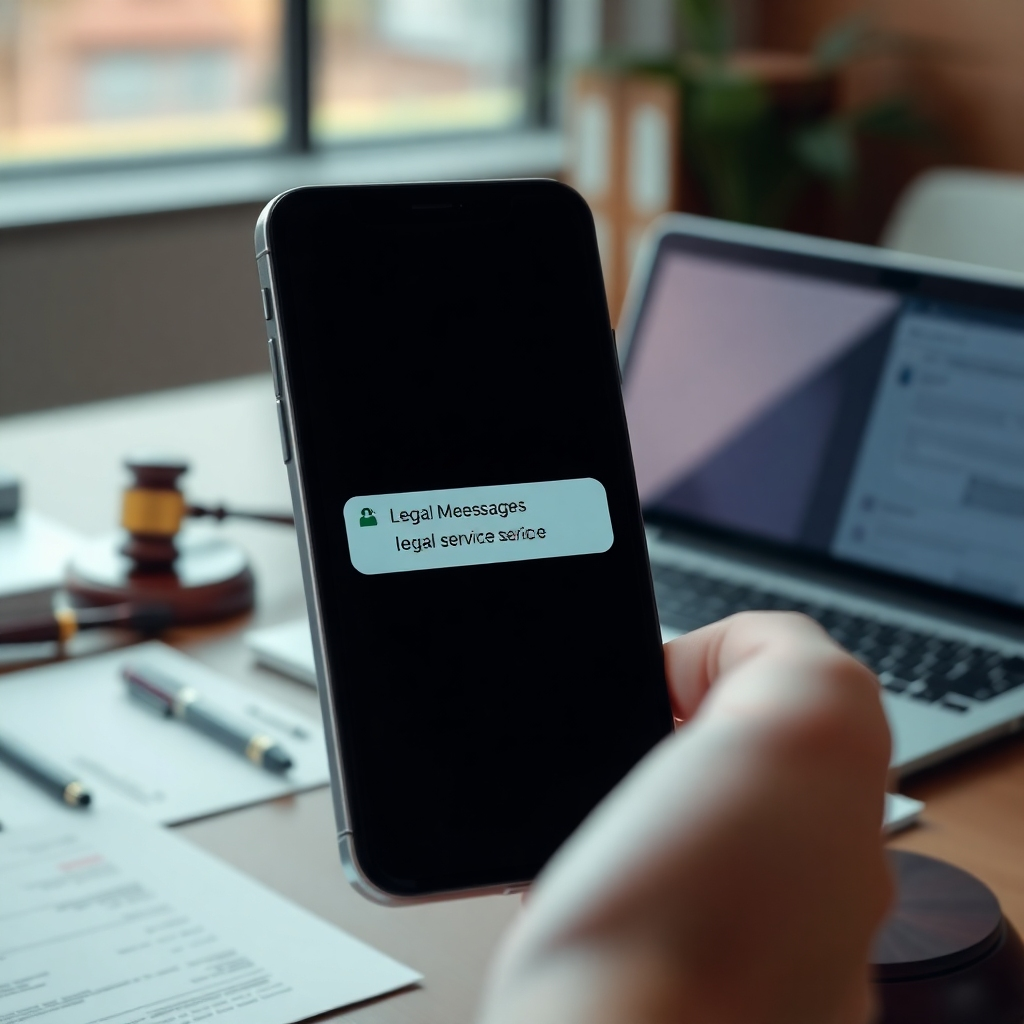 A close-up shot of a smartphone displaying an incoming message notification from a legal service. The image should convey urgency and professionalism, with a background hinting at a busy office environment filled with legal documents and a laptop.