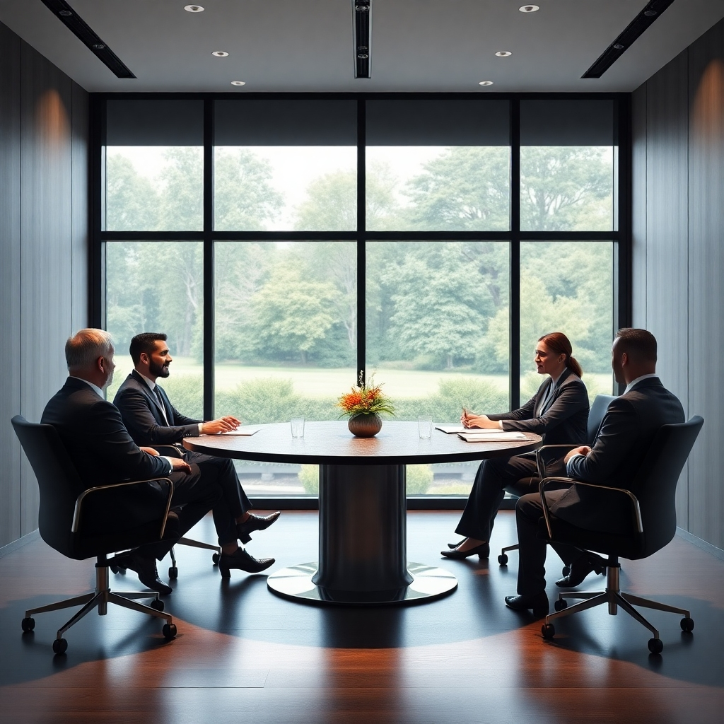 A peaceful, modern conference room with two parties and their attorneys seated around a round table, engaged in discussion. The atmosphere should convey cooperation and mutual respect. A large window with a view of nature in the background adds to the calm setting.