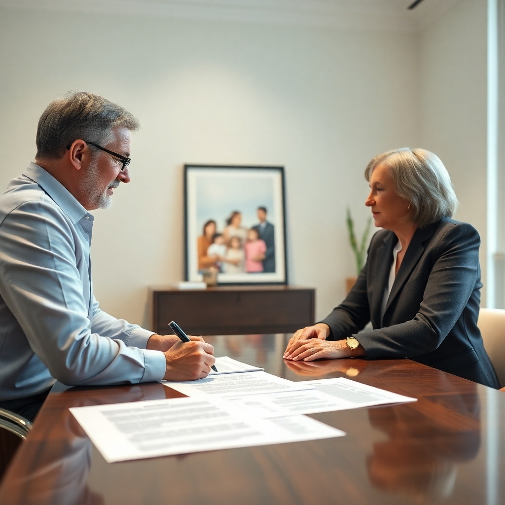 A serene and professional estate planning consultation setting. Include a lawyer discussing documents with a middle-aged couple in a well-lit office. On the table, various legal documents like a will and trust agreements. A family photo in the background symbolizes legacy.