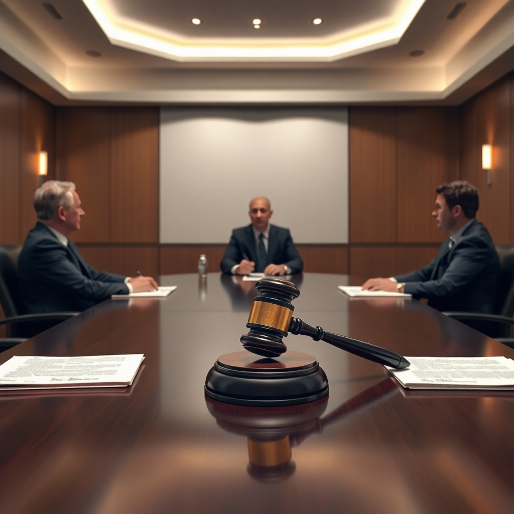 A serene meeting room with an arbitrator at a head table, flanked by two parties on opposite sides. The atmosphere is calm, with legal documents and a gavel placed prominently, symbolizing authority and confidentiality in the arbitration process.