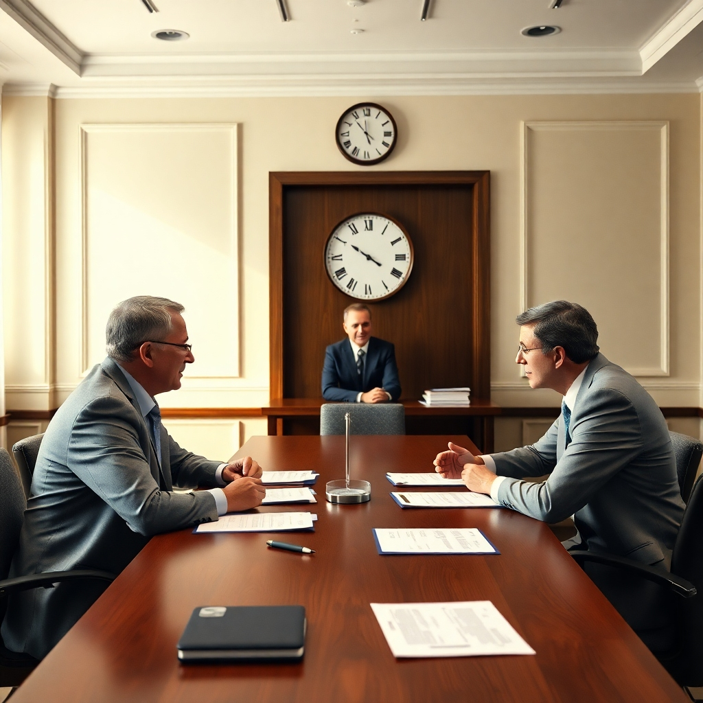 An arbitration session in progress in a formal setting. Two parties facing a neutral arbitrator at a table, with legal documents spread out. Lighting is bright yet soft, emphasizing a professional yet comfortable environment. A clock on the wall indicates the efficiency of the process.