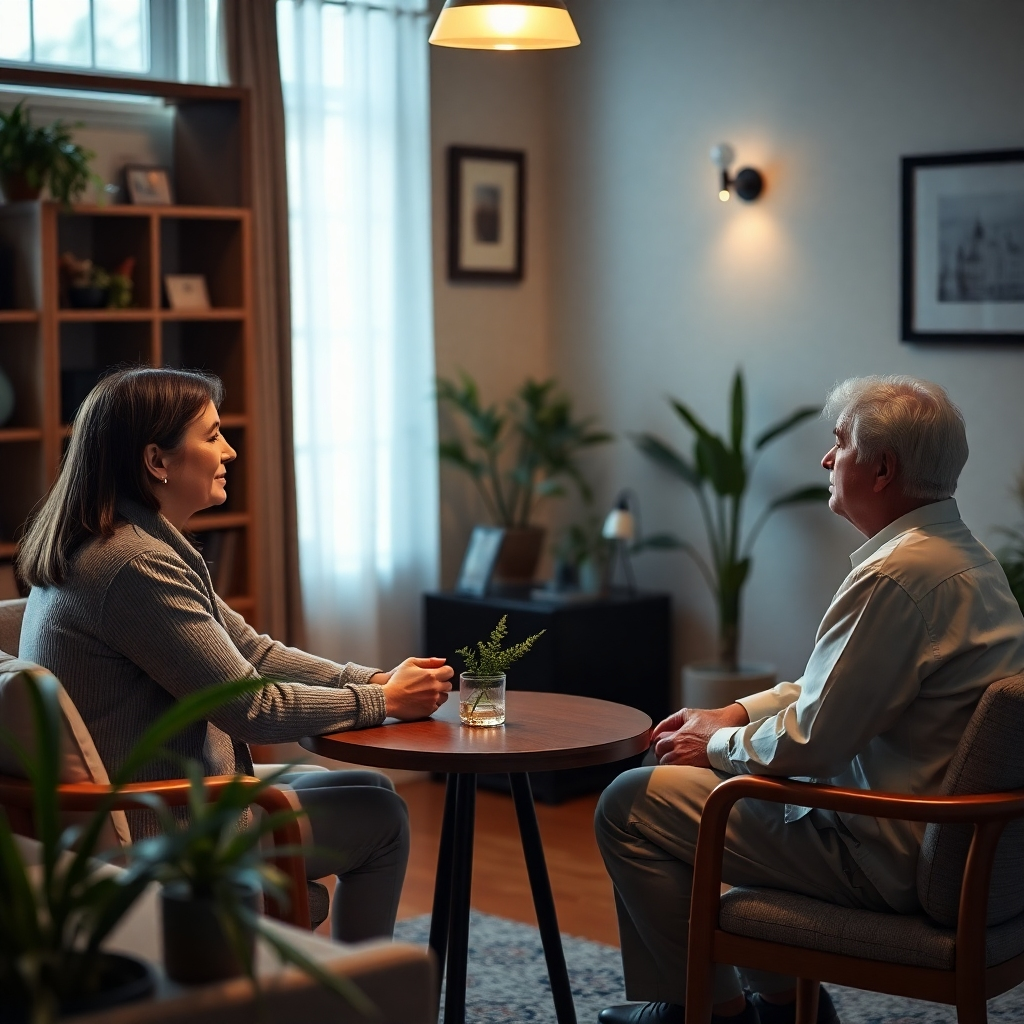 An intimate mediation session in a cozy, comfortable room. Two individuals are seated at a table, engaged in dialogue, with a mediator facilitating the discussion. Soft lighting and personal touches like plants create a welcoming atmosphere that encourages cooperation.