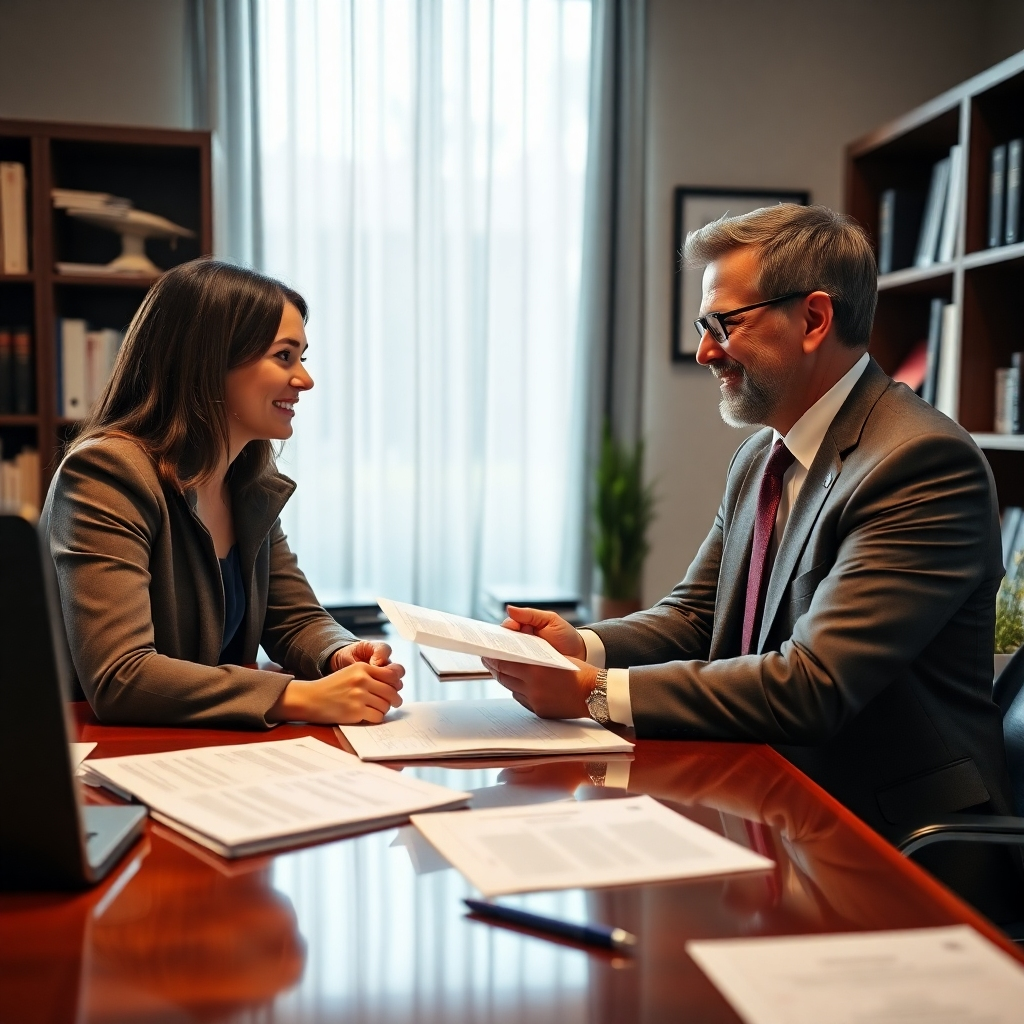 An inviting office scene featuring a friendly lawyer in professional attire, discussing plans with a client across a desk. The desk is filled with estate planning documents, and the lawyer shows genuine engagement and attentiveness, ensuring a welcoming atmosphere.