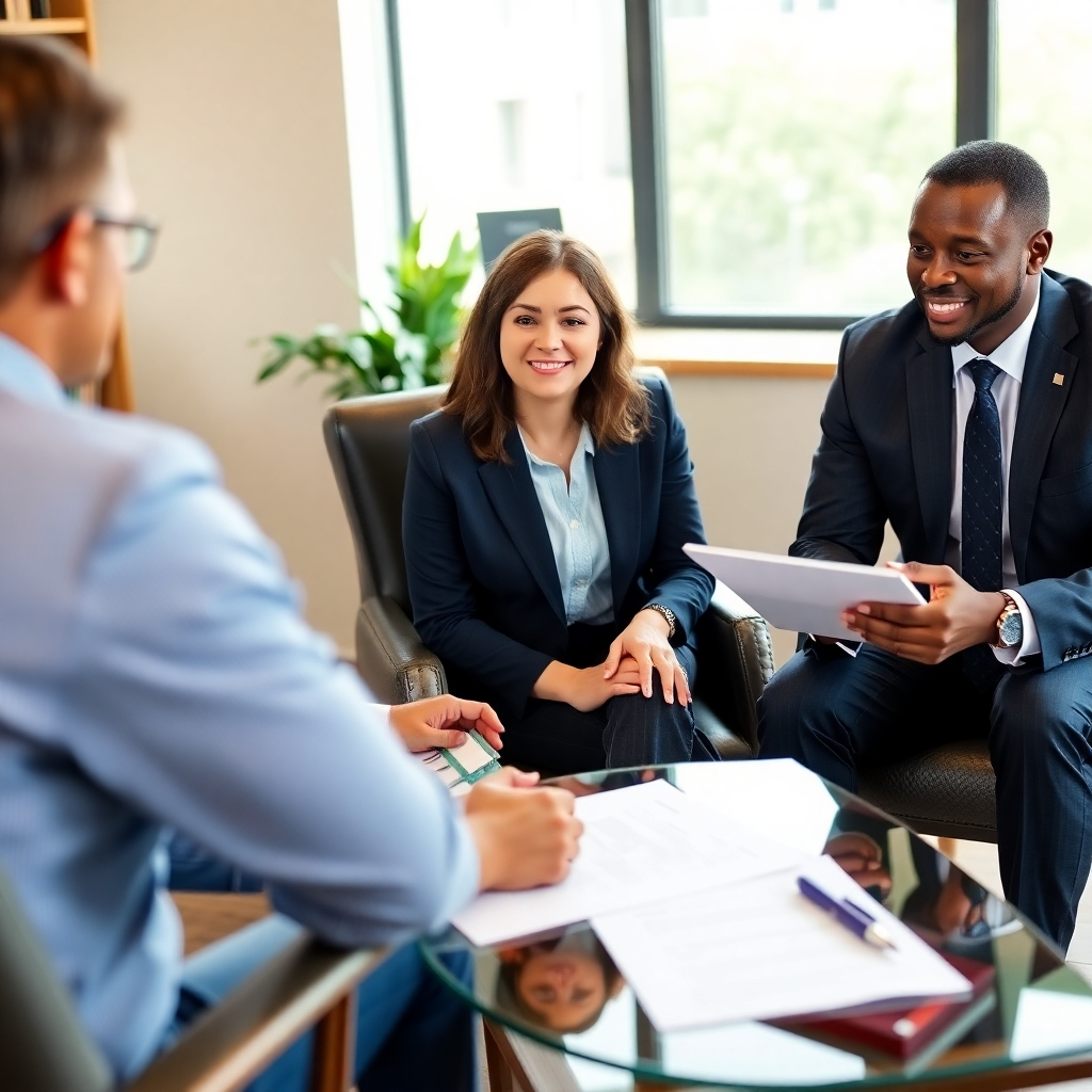 A focused mediator seated between two diverse individuals, each holding negotiation documents. The setting is a bright office with natural light, emphasizing a calm atmosphere. Charts and notes are scattered on the table, showcasing the collaborative process.