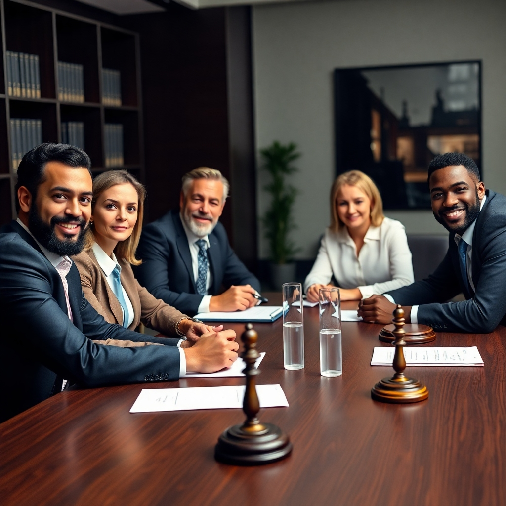 An elegant conference room setting with two parties seated across from an impartial arbitrator, focused and engaged in a professional discussion, highlighting the spirit of arbitration in conflict resolution.