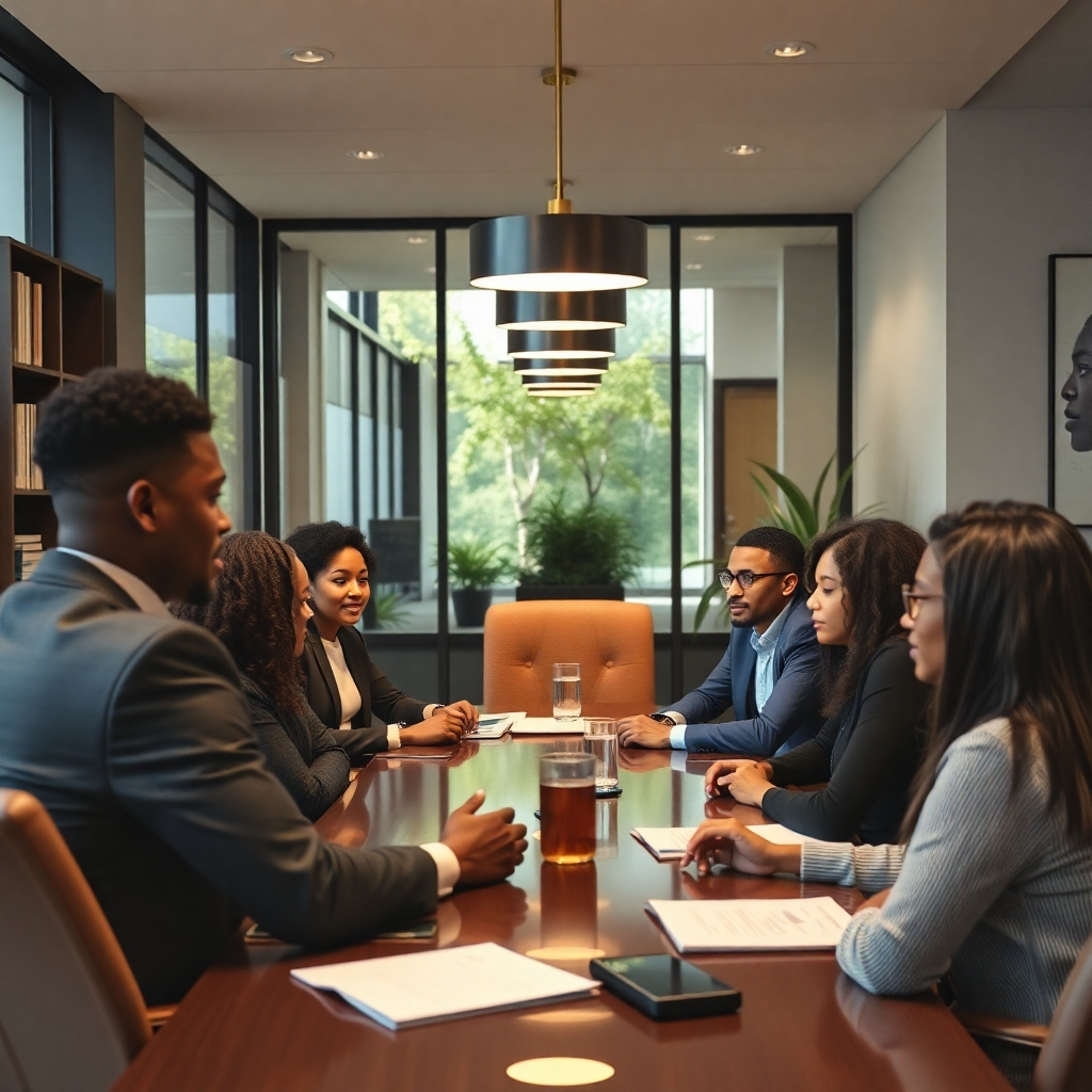 A modern, minimalist conference room with a large table, neutral colors, and a clock emphasizing efficiency. Two parties shaking hands across the table, along with a mediator guiding the conversation, surrounded by legal papers and digital devices.