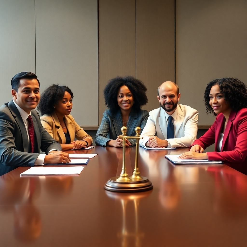 A group of diverse individuals at a round table engaged in a constructive discussion, with calm expressions and documents in front of them, emphasizing collaboration and healthy communication in conflict resolution.