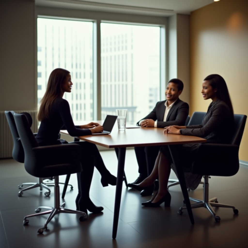 Create an ultra-high quality image of a mediation session in a cozy yet professional setting. The scene features two parties seated across a round table, with a mediator in the center. Use soft diffused lighting to create a warm atmosphere, highlighting the intent expressions of the participants. The color palette should consist of soft earth tones, conveying a sense of calmness and unity. The table is adorned with a few notepads and a water pitcher. In the background, a large window reveals a serene garden view, connecting nature with the mediation process. The camera angle should focus on the interaction between the parties, capturing the respectful communication taking place. Render this scene in hyperrealistic, ultra-detailed 8K resolution, ensuring the emotions and nuances are vividly depicted.