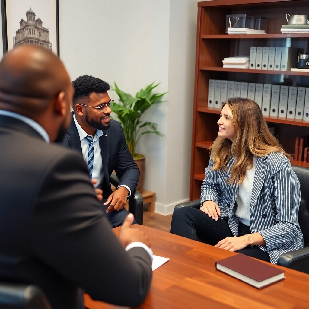 A modern conference room with two parties engaging in a discussion at a round table. A facilitator guides the conversation, with expression of empathy and understanding on their faces. There are plants in the background, symbolizing growth and harmony.